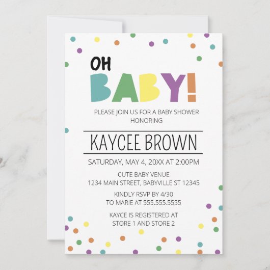 Lebhafte Typografie Oh Baby Shower Einladung (Vorderseite)
