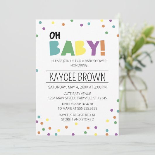Lebhafte Typografie Oh Baby Shower Einladung (Stehend Vorderseite)