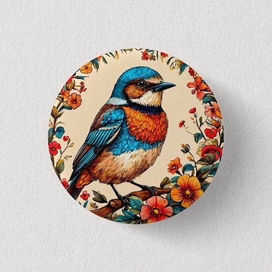Lebhafte und farbenfrohe Abbildung eines Vogels Button (Vorderseite)