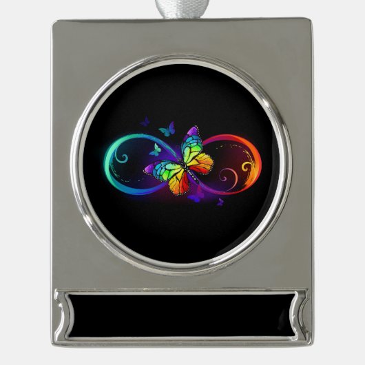 Lebhafte Unendlichkeit mit Regenbogenschmetterling Banner-Ornament Silber (Vorderseite)