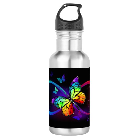Lebhafte Unendlichkeit mit Regenbogenschmetterling Edelstahlflasche (Vorderseite)