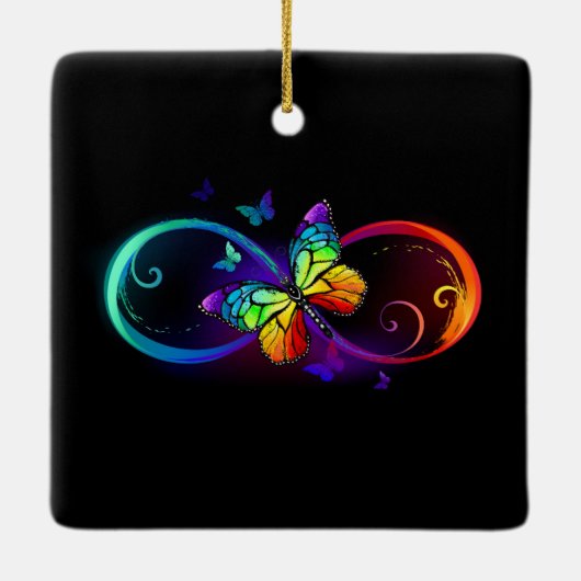 Lebhafte Unendlichkeit mit Regenbogenschmetterling Keramikornament (Rückseite)