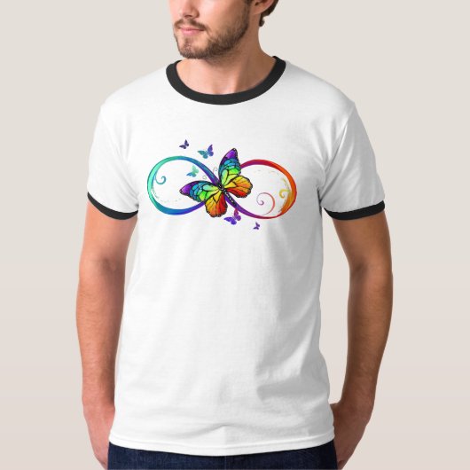 Lebhafte Unendlichkeit mit Regenbogenschmetterling T-Shirt (Vorderseite)