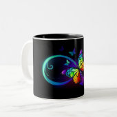 Lebhafte Unendlichkeit mit Regenbogenschmetterling Zweifarbige Tasse (Vorderseite Links)