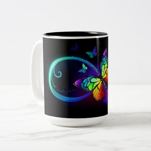 Lebhafte Unendlichkeit mit Regenbogenschmetterling Zweifarbige Tasse (Vorderseite Links)
