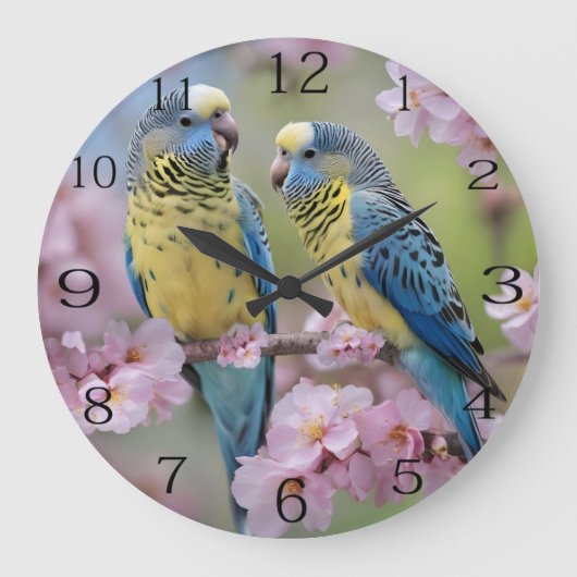 "Lebhafte Unternehmen: Blaue und gelbe Budgien" Große Wanduhr (Vorderseite)