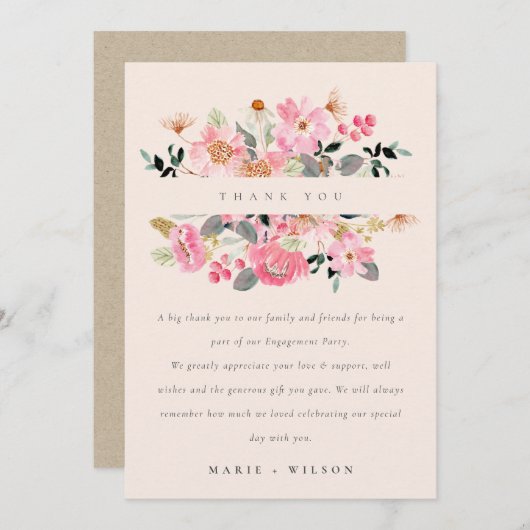 Lebhafte Verlobung Blush Pink Wasserfarben Dankeskarte (Vorne/Hinten)