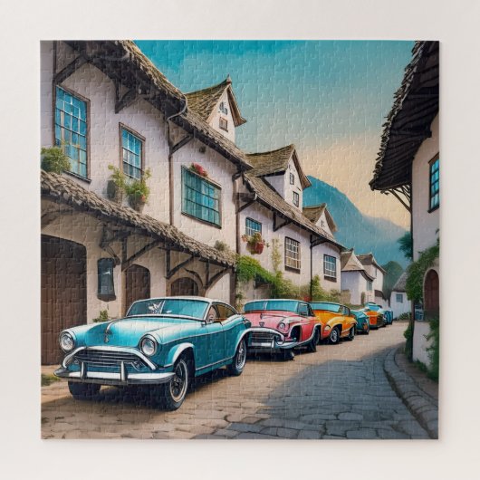 Lebhafte Vintage-Autos in einer gepflasterten Stra Puzzle (Vertikal)