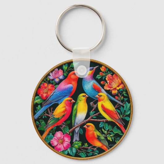 Lebhafte Vögel, die an blühenden Branchen festgeha Schlüsselanhänger (Vorderseite)