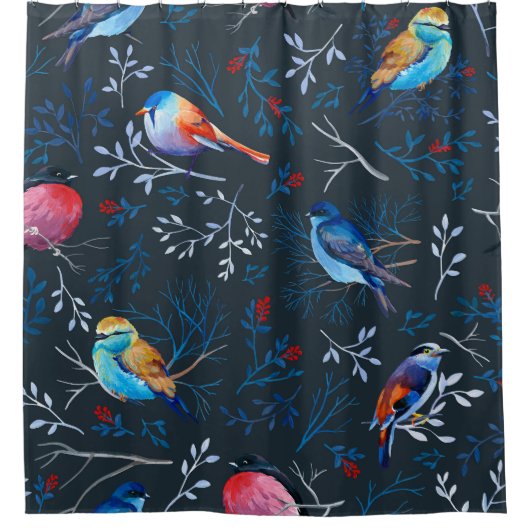 Lebhafte Vögel: Gouache Dark Elegance Duschvorhang (Vorderseite)