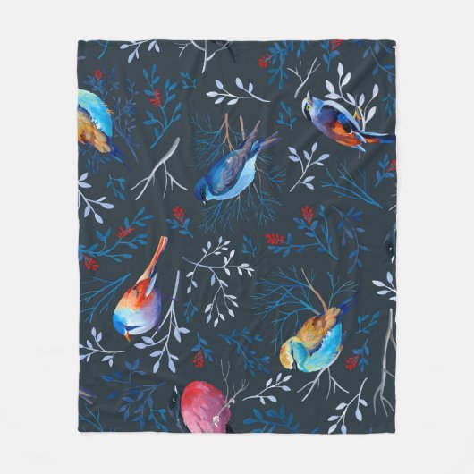 Lebhafte Vögel: Gouache Dark Elegance Fleecedecke (Vorderseite)