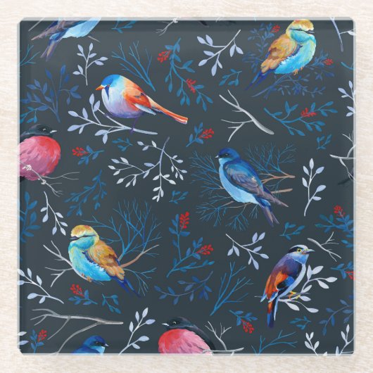 Lebhafte Vögel: Gouache Dark Elegance Glasuntersetzer (Vorderseite)
