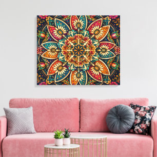 LEBHafte VOLKSKUNST-BLUMEN-MANDALA Leinwanddruck