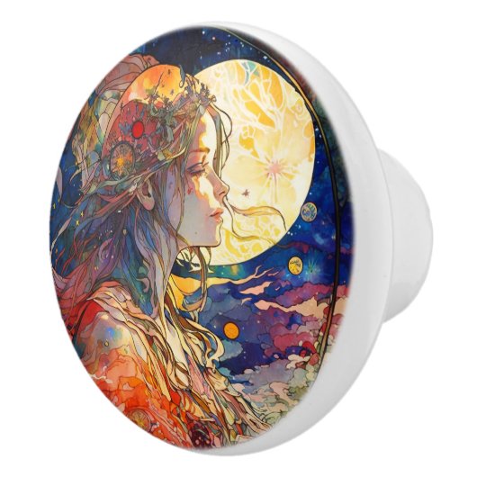 Lebhafte Wasserfarbe der Keramik Girl & Moon Keramikknauf (Rechts)