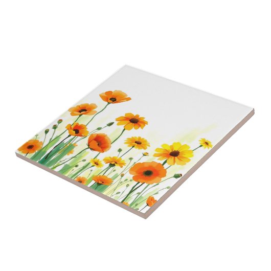 Lebhafte Wasserfarbe der Wiese mit Poppies Sonnenb Fliese (Seite)