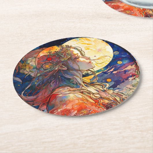 Lebhafte Wasserfarbe des Girl and Moon Paper Unter Runder Pappuntersetzer (Angewinkelt)