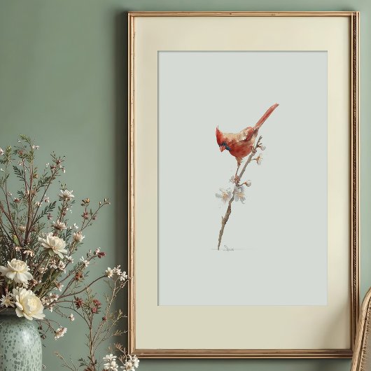Lebhafte Wasserfarbe des nördlichen Kardinals auf  Poster