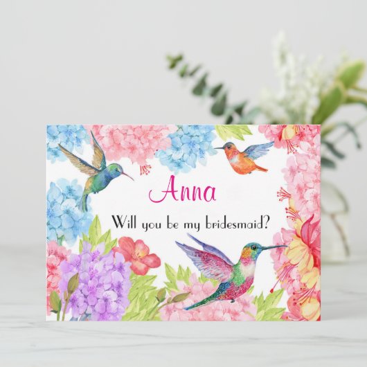 Lebhafte Wasserfarbe Hummingbird Bridesmaid Einladung (Stehend Vorderseite)