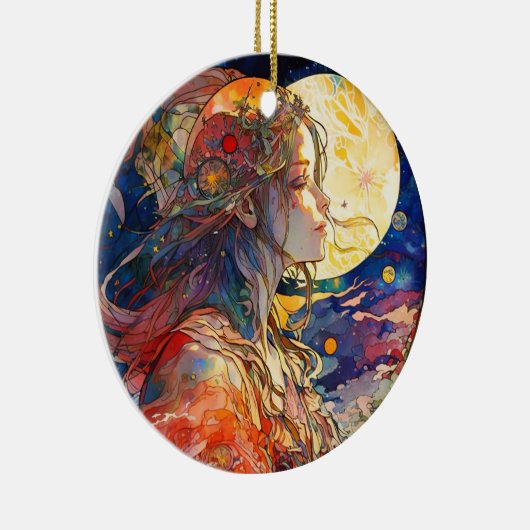 Lebhafte Wasserfarbe von Mädchen und Mond Keramik Ornament (Rechts)