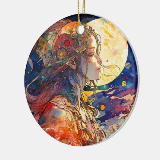 Lebhafte Wasserfarbe von Mädchen und Mond Keramik Ornament (Links)