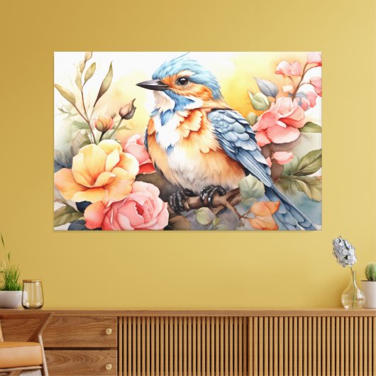 Lebhafte Wasserfarben Bird Flora Art Inspiriert Leinwanddruck (Insitu (Wohnzimmer))
