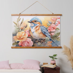 Lebhafte Wasserfarben Bird Flora Art Inspiriert Wandteppich Mit Holzrahmen