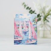 Lebhafte Wasserfarben Rosa Sailboote tropische Küs Postkarte (Stehend Vorderseite)