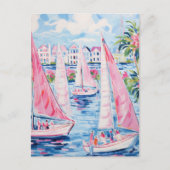 Lebhafte Wasserfarben Rosa Sailboote tropische Küs Postkarte (Vorderseite)