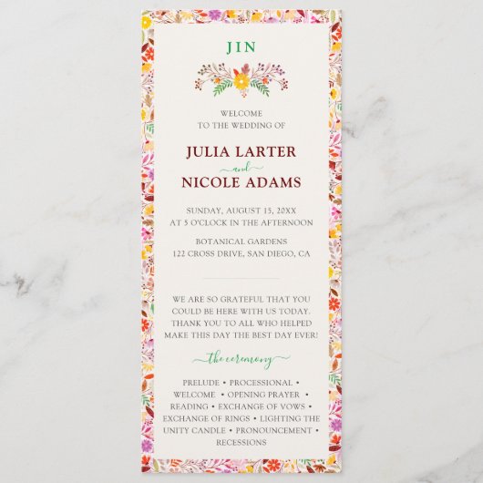 Lebhafte Wasserfarben Sommer-Tulip-Blume Hochzeit Programm (Vorderseite)