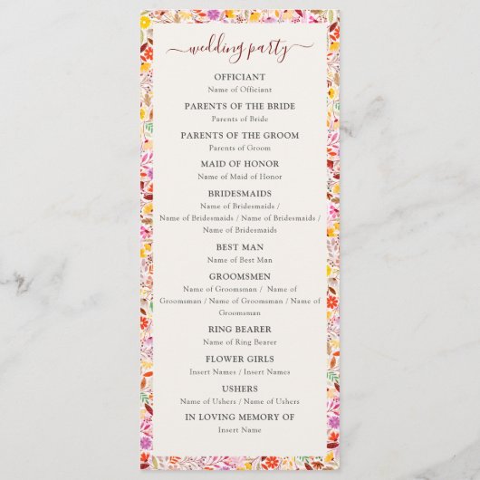 Lebhafte Wasserfarben Sommer-Tulip-Blume Hochzeit Programm (Rückseite)