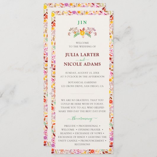 Lebhafte Wasserfarben Sommer-Tulip-Blume Hochzeit Programm (Vorne/Hinten)