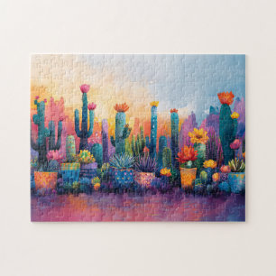 Lebhafte Wasserfarbenkaktus und Blume Puzzle