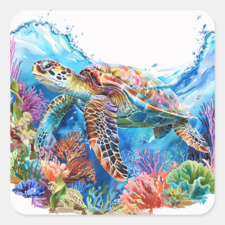 Lebhafte Wasserfarbenschildkröte Quadratischer Aufkleber