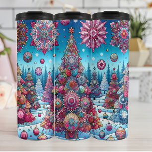 Lebhafte Weihnachtsbäume im Schnee Thermosbecher
