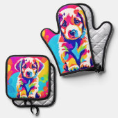 Lebhafte Welpenkunst Ofenhandschuh & Topflappen-Set (Vorderseite/Rückseite)