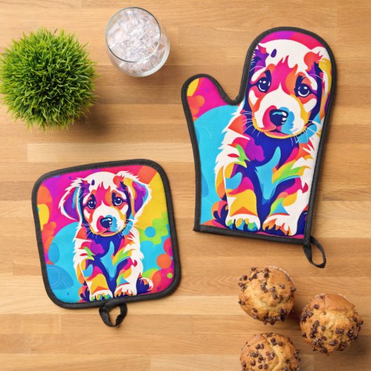 Lebhafte Welpenkunst Ofenhandschuh & Topflappen-Set (Oben Unten)