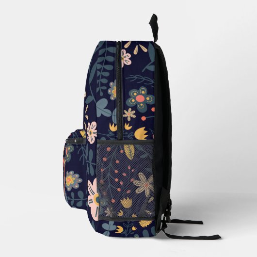 Lebhafte Whimsikale Blume und Blätter über Navy Bl Bedruckter Rucksack (Rechts)