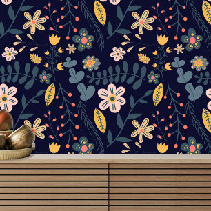 Lebhafte Whimsikale Blume und Blätter über Navy Bl Tapete