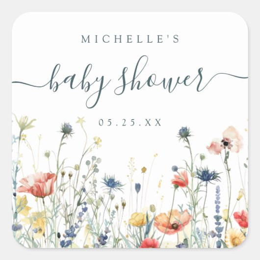 Lebhafte Wildblume Babydusche Quadratischer Aufkleber (Vorderseite)