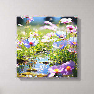 Lebhafte Wildblume Wiese mit Stream Leinwanddruck