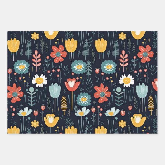 Lebhafte Wildblumen auf Navy Blue Geschenkpapier Set (Vorderseite 3)