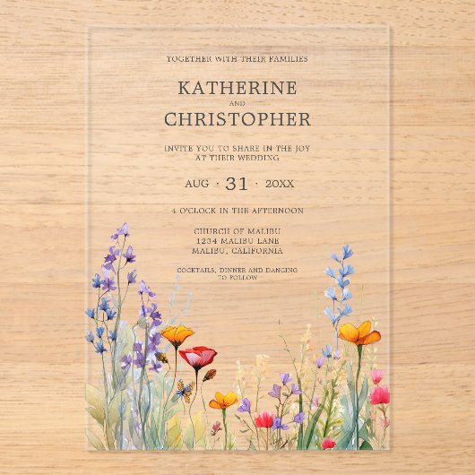 Lebhafte Wildblumen Elegante Hochzeit klar Acryleinladungen (Vorderseite)