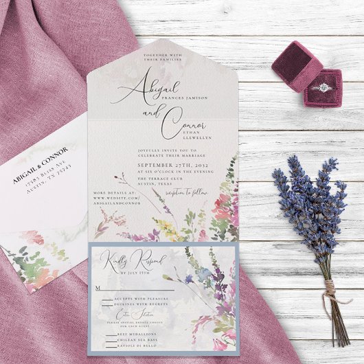 Lebhafte Wildblumen rosa violett gelb All In One Einladung