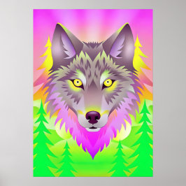 Lebhafte Wolf-Illustration mit Abstrakten Bäumen Poster