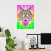 Lebhafte Wolf-Illustration mit Abstrakten Bäumen Poster (Heimbüro)