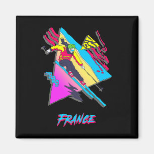 Lebhafter 80er Retro Skier Frankreich Thema Winter Magnet