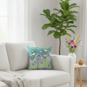 Lebhafter Aquarellgarten mit Bienen-Blume Kissen