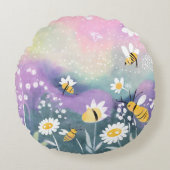 Lebhafter Aquarellgarten mit Bienen-Blume Rundes Kissen (Vorderseite)