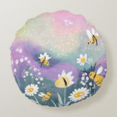 Lebhafter Aquarellgarten mit Bienen-Blume Rundes Kissen (Rückseite)