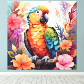 Lebhafter Aquarellpapagei mit tropischen Blume - Leinwanddruck (Insitu (Holzboden))